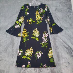 Tommy Hilfiger Dress Womens 6 Black Floral Bell Sleeve Stretch Jersey Preppy EUC